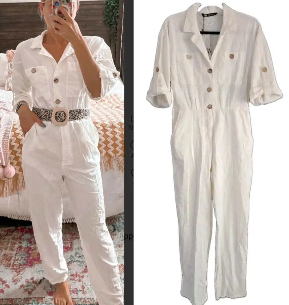 Zara NEW Linen Blend Jumpsuit Women XS White Roll Tab Sleeves Button Collared